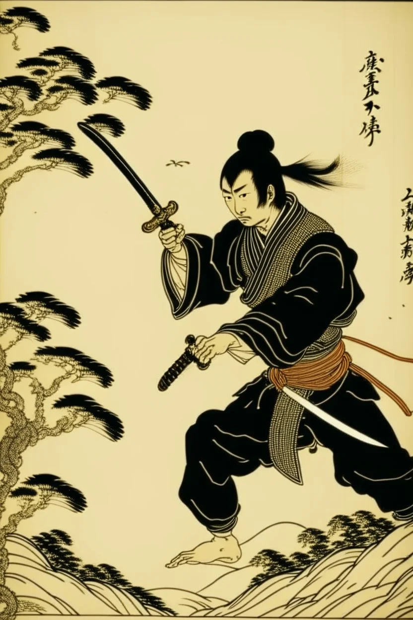 Craft a series of Japanese scroll illustrations depicting scenes from 'The Book of Five Rings,' showcasing Musashi's timeless wisdom on strategy and martial arts.