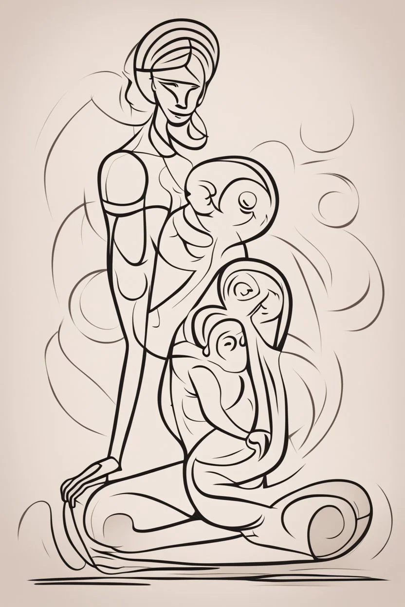 Abstract Picasso style drawing of a woman making pilates with a baby. No faces. Outline only