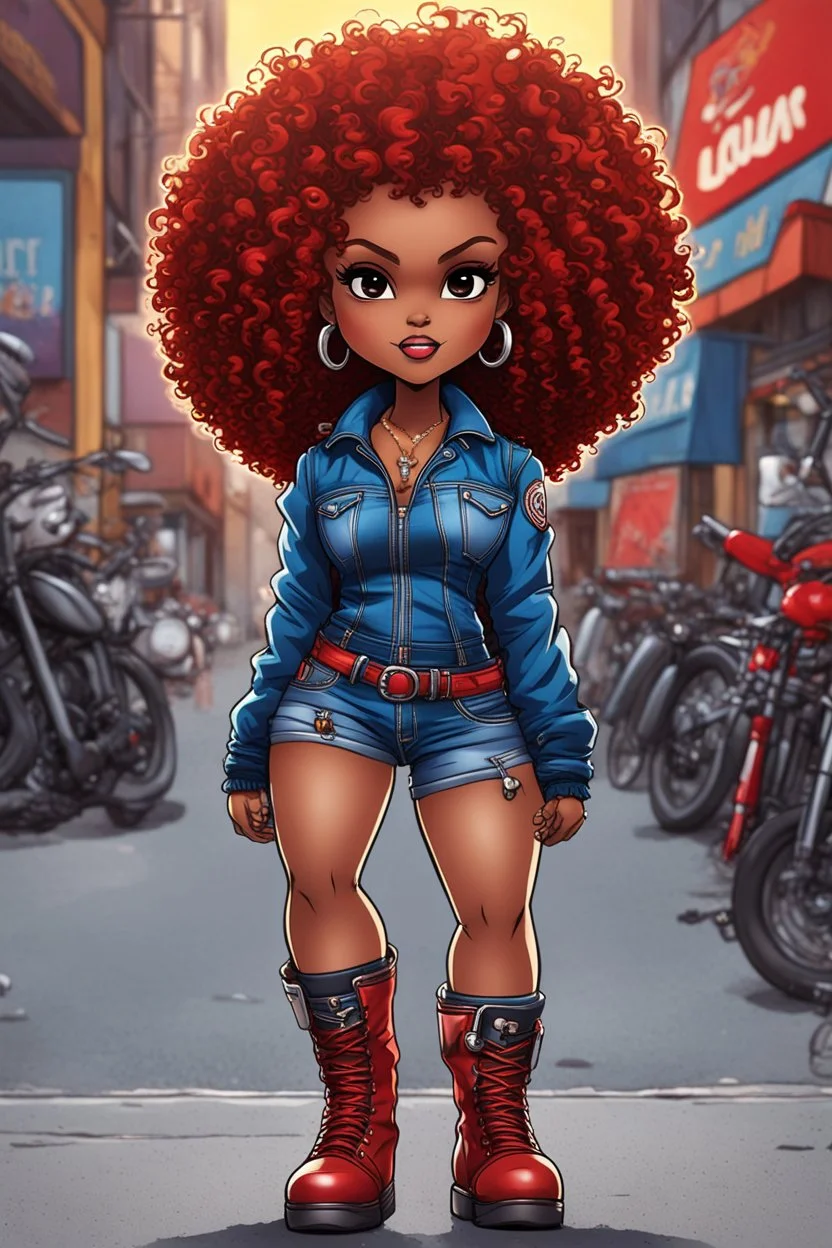 comic book art illustration of the chibi cartoon character, a voluptuous black female in a blue jean outfit with biker boots. Her prominent makeup and hazel eyes, along with her detailed red curly tight afro, are featured in this image, set against the background of a lively bike show.