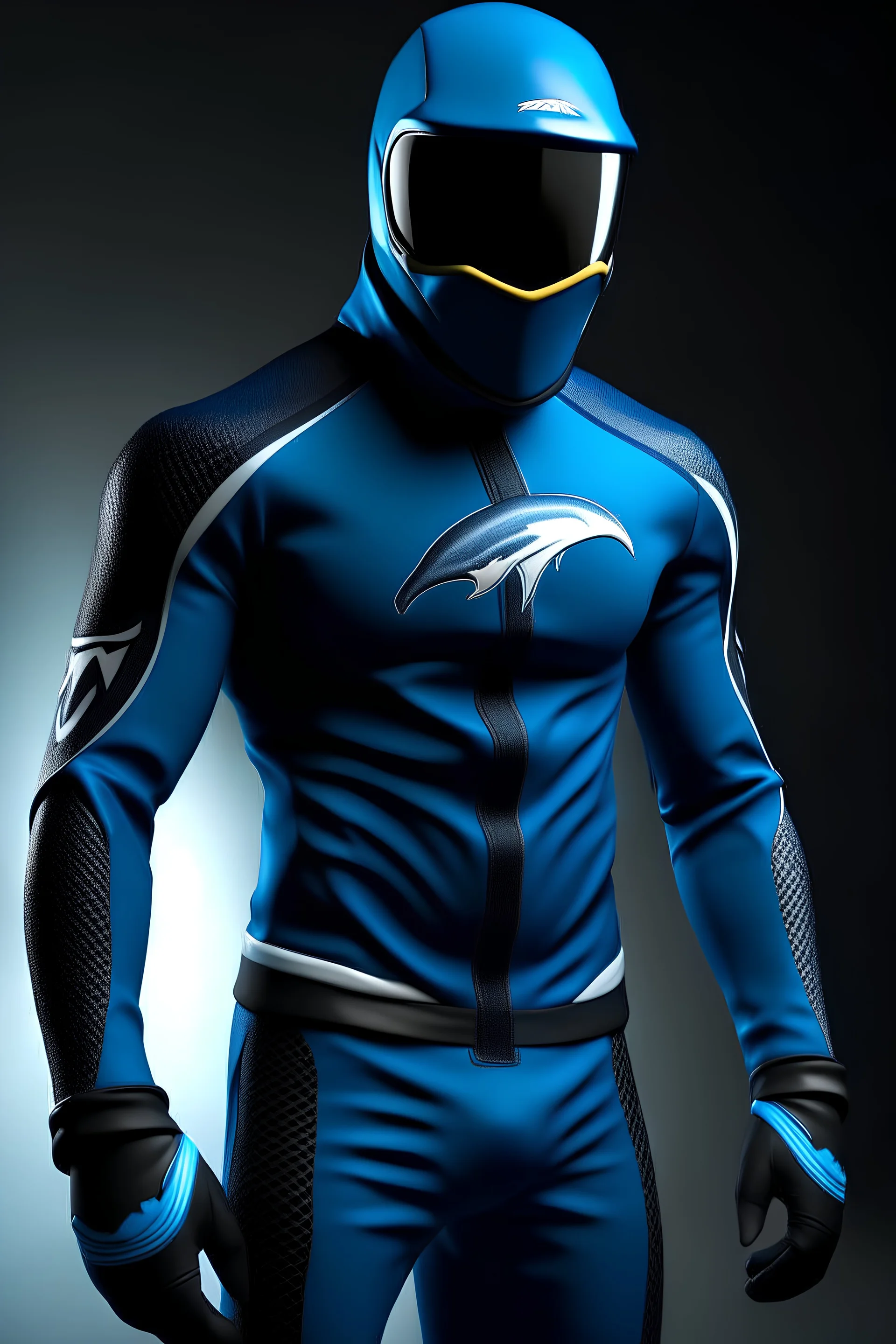 Surfshark's superhero costume combines a black, form-fitting bodysuit with a deep ocean-blue wetsuit-style jacket, featuring shark fin-like shoulder embellishments. White shark tooth designs adorn the arms and legs. His cowl resembles a shark's head, with a dark visor revealing his piercing blue eyes. The shark-themed utility belt, gloves, and boots complete the ensemble, along with a high-tech surfboard. The chest emblem is a stylized shark with dorsal fins reminiscent of Batman's bat symbol.