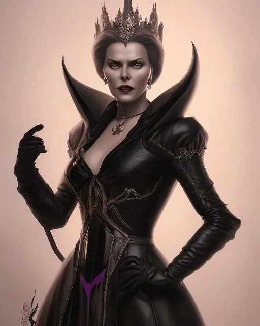 old evil queen in black leather gown, femme fatale, volouptous, busty, cleavage, angry, emperious, 8k resolution concept art portrait by Greg Rutkowski,