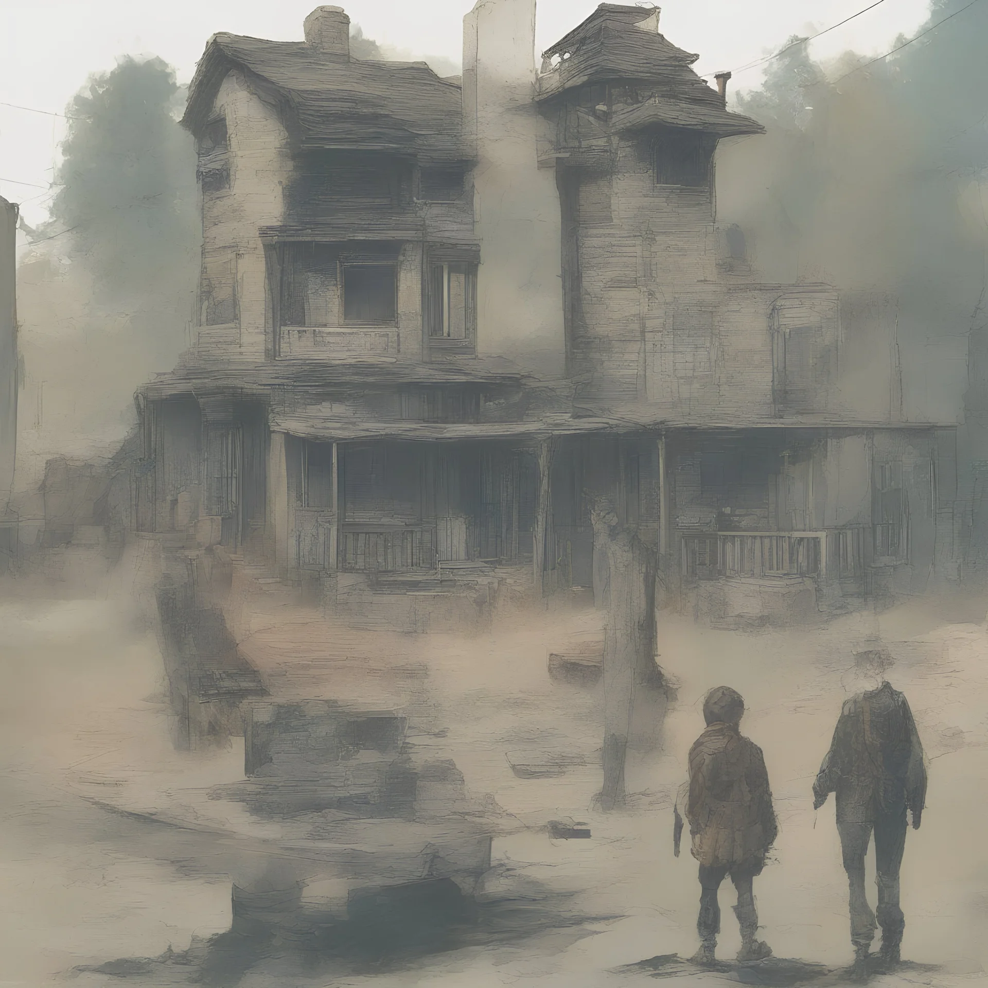 A post apocalyptic town with abandoned houses and a small girl with a shotgun