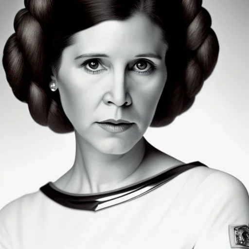 half-length portrait, three-quarter face pose of carrie fisher as Princess Leia with photo realistic fine and very simple short hair, entrancing deep brown eyes, eos5d mark 4, ef 85mm 5.6, Intricate, High Detail, Sharp focus, realism, beautiful and detailed lighting, by Annie Leibovitz