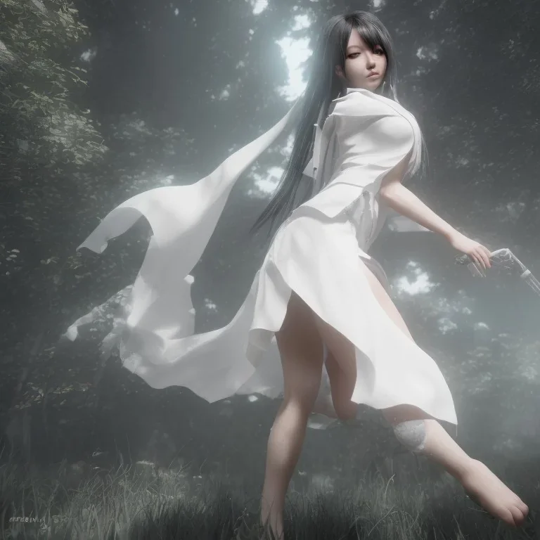 hitomi tanaka, dress white, long black hair, realistic, intriacte detail, sci-fi fantasy style, volumetric lighting, particales,highly detailed,cinamatic, deep colours,8k