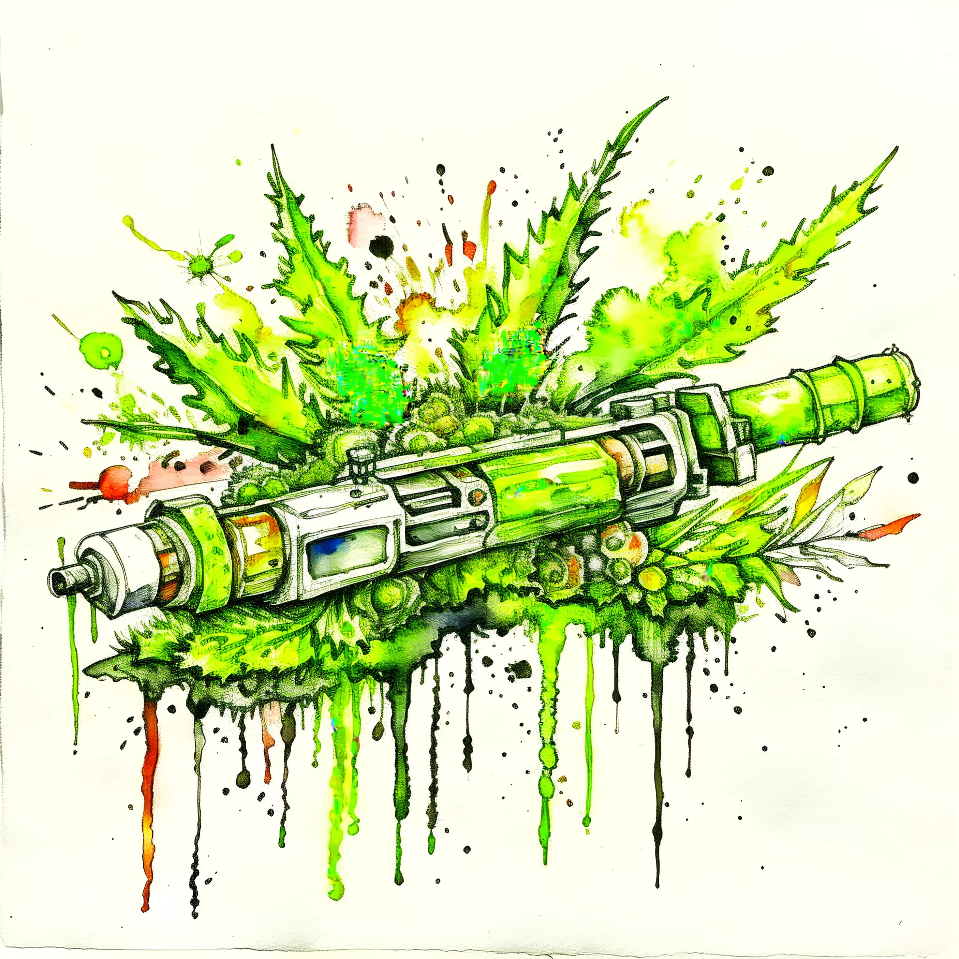 Create an asymmetrical balanced watercolor images of Syringe injection, cocain, cigarrates and weed , heavy brushstrokes, conveying the loss of control and disintegration caused by substance abuse.