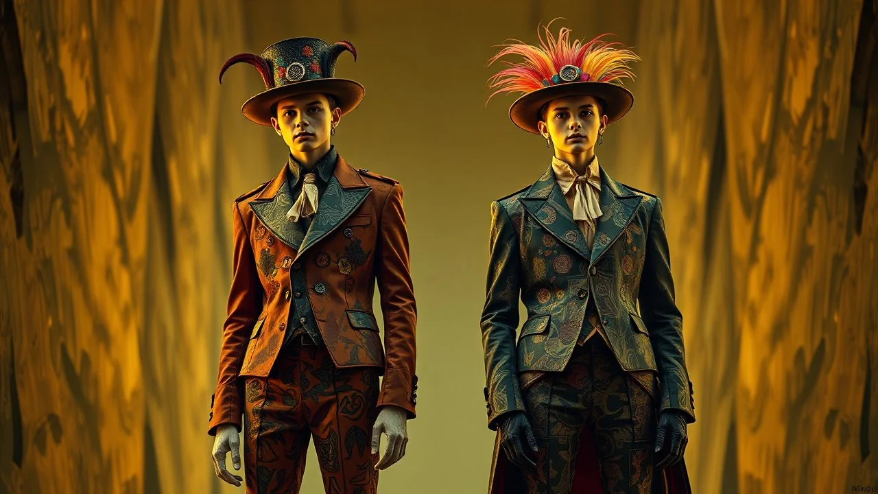 Nikon D850 with AF-S NIKKOR 24-70mm f/2.8E ED VR lens at f/5.6: [Two innovative contented individuals wearing strange, suave, beautiful, fantasy fashionable clothing] in a [parallel universe], showcasing [full-height figures from head to foot with intricate details], [vibrant colors and deep shadows], creating [a surreal and captivating atmosphere with precise textures and anatomy]. focus peaking enabled, Nikon Picture Control with enhanced color grading.