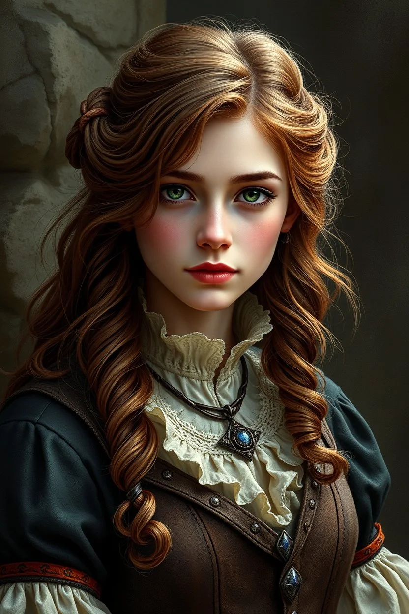 A pretty fantasy girl, hazel hair, intelligent, historical, middle-aged