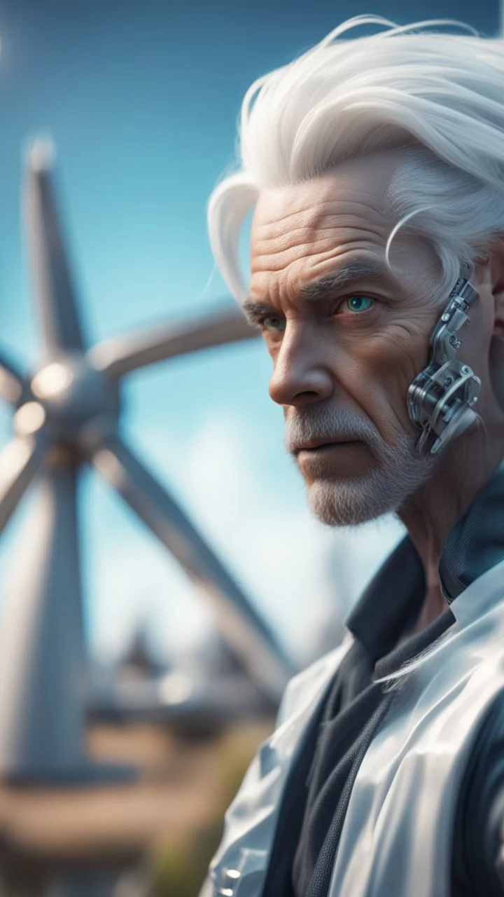 portrait of slimy exotic alien janitor with twisted shiny white hair operating futuristic wind turbine,bokeh like f/0.8, tilt-shift lens 8k, high detail, smooth render, down-light, unreal engine, prize winning