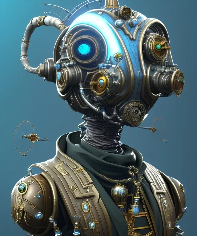 evil mechanoid person with a steampunk theme, realistic