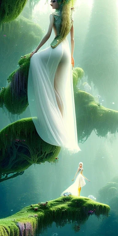 Tiny cute and adorable female elven adventurer dressed in a fresh lightdress and bare feet into a white room, in style of Cedric Peyravernay Art, microdetails, ultradetailed, long shot --ar 2:3 --beta --upbeta