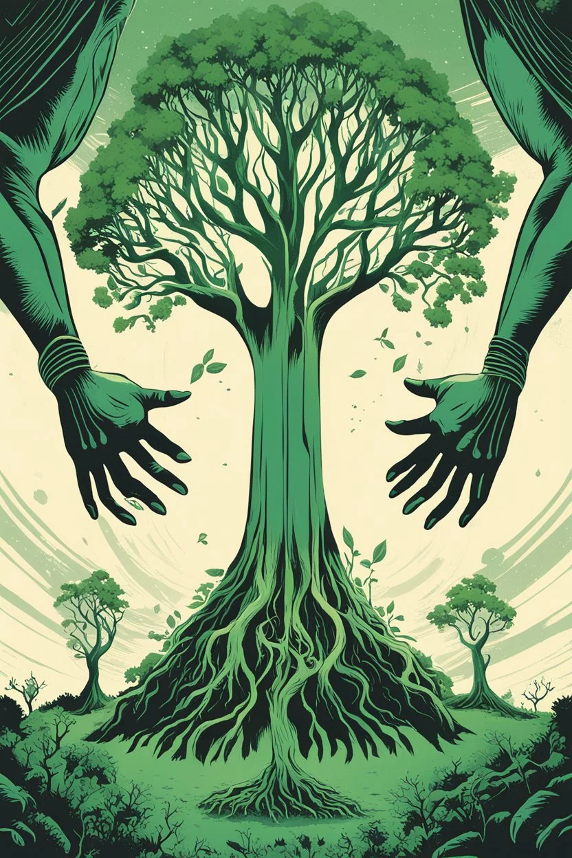 Huge hands holding saplings, The giant is planting a big green tree, first contact concept art, silkscreened mind-bending illustration; sci-fi poster art, asymmetric, futurism