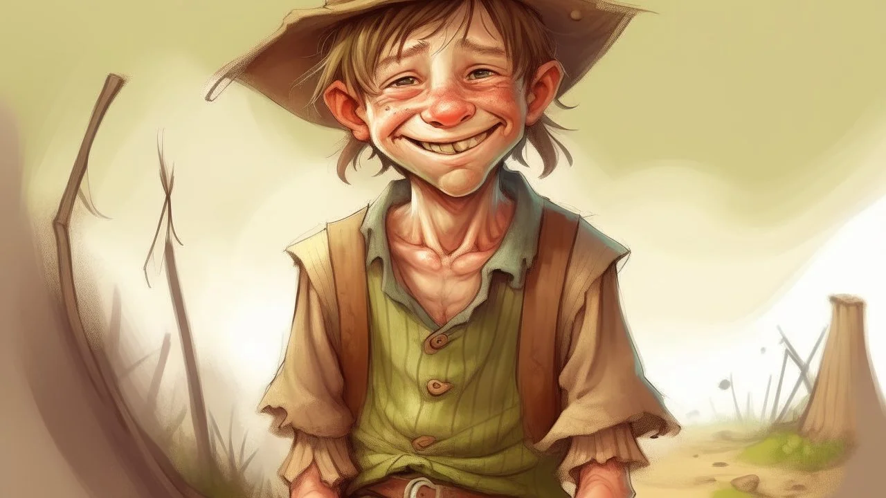 fantasy illustration of a poor country boy. He is 10 years old ,his clothes are torn, but he looks happy.