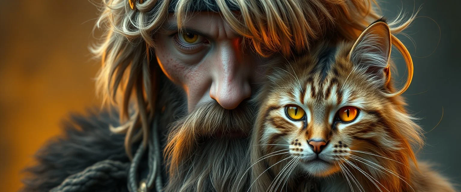 high class realism, dented skin, victorian era, cyber punk, A really close up portrait of one viking person individually mutated with hairy wigs glowing, and a long haired cat that just came out of a violent twister with its long hair twisted