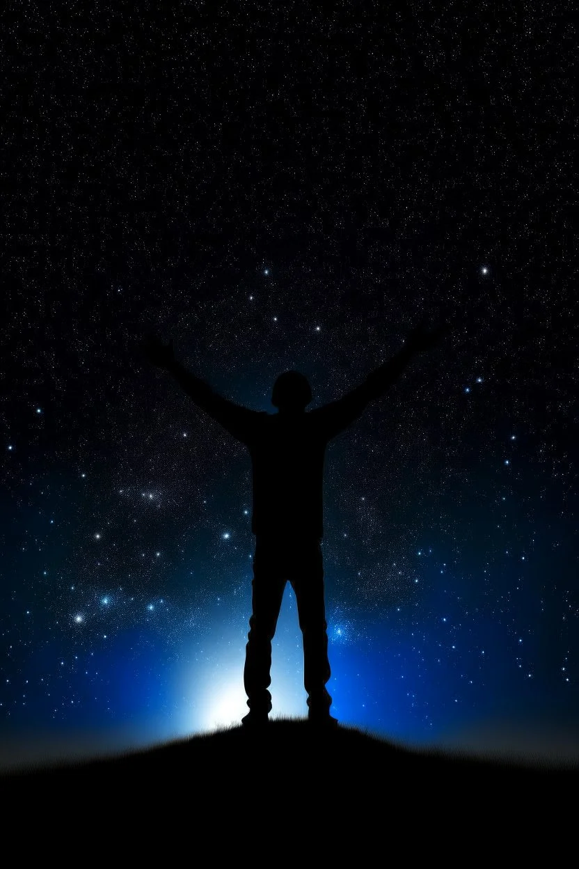 The outline of a figure stretching his arms towards the sky. In the sky, the stars are all in nature.