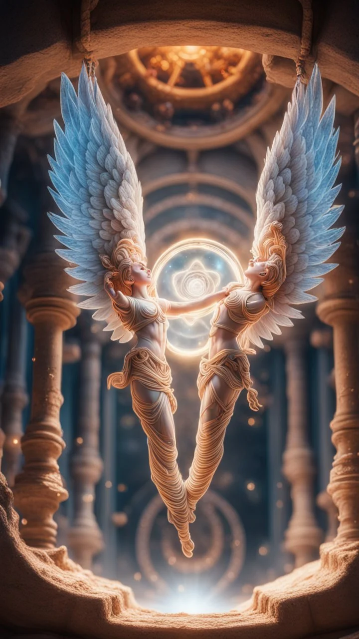 airbrush, pen outline, sacred geometry, Harut and Marut are a pair of angels hanging upside down inside the well. They are said to tempt humans by teaching them the arts of sorcery, bokeh like f/0.8, tilt-shift lens 8k, high detail, smooth render, down-light, unreal engine, prize winning