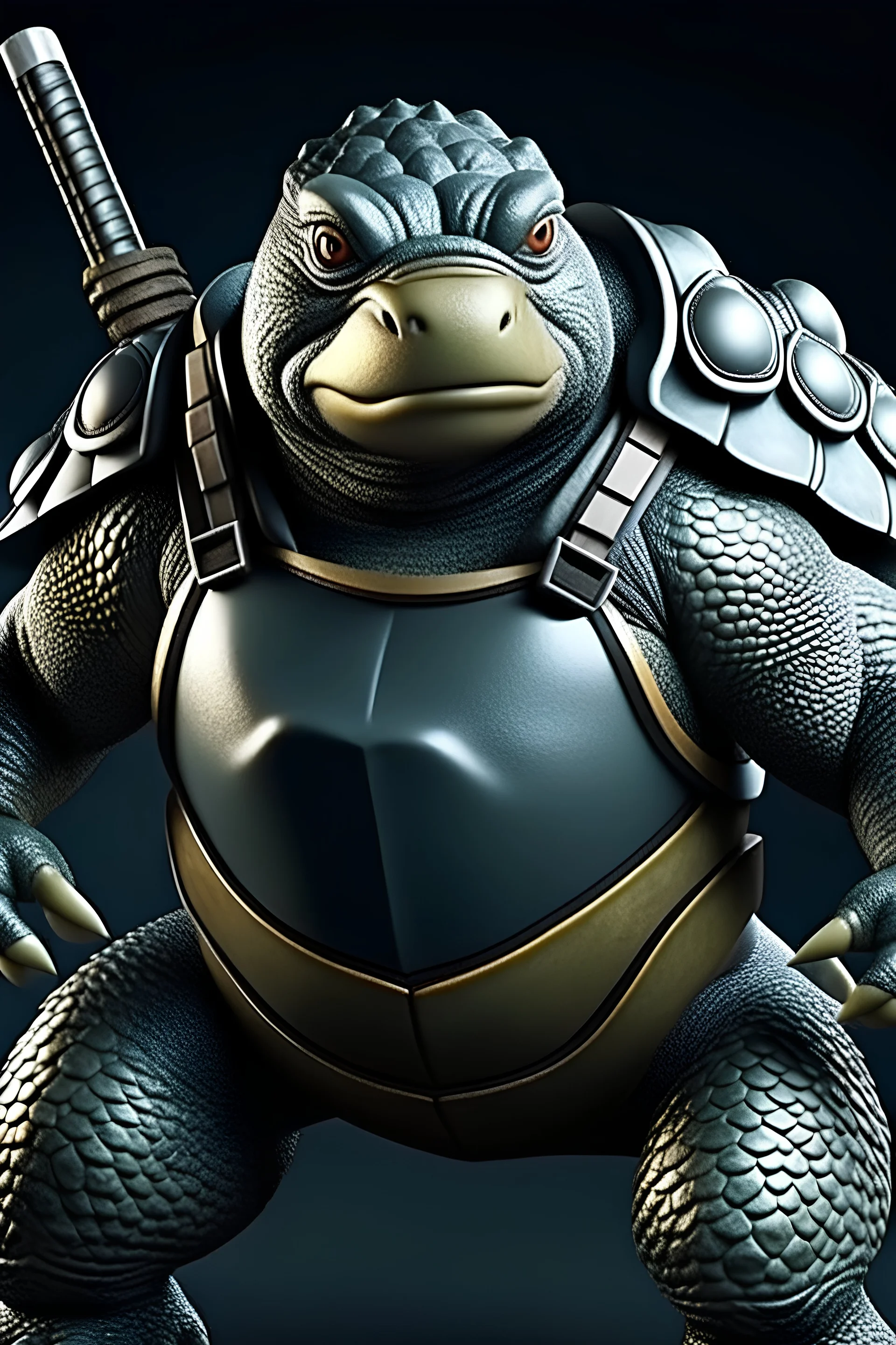 War background a muscular turtle with tungsten armor with a two turret weapon in his shoulder