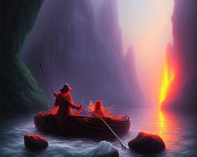 Charon the ferryman in his boat on the river Styx, red black purple colours, 8k, high definition, fantasy art, winding river, sharp jagged rocks, high contrast colours, sharp detail, lava river,