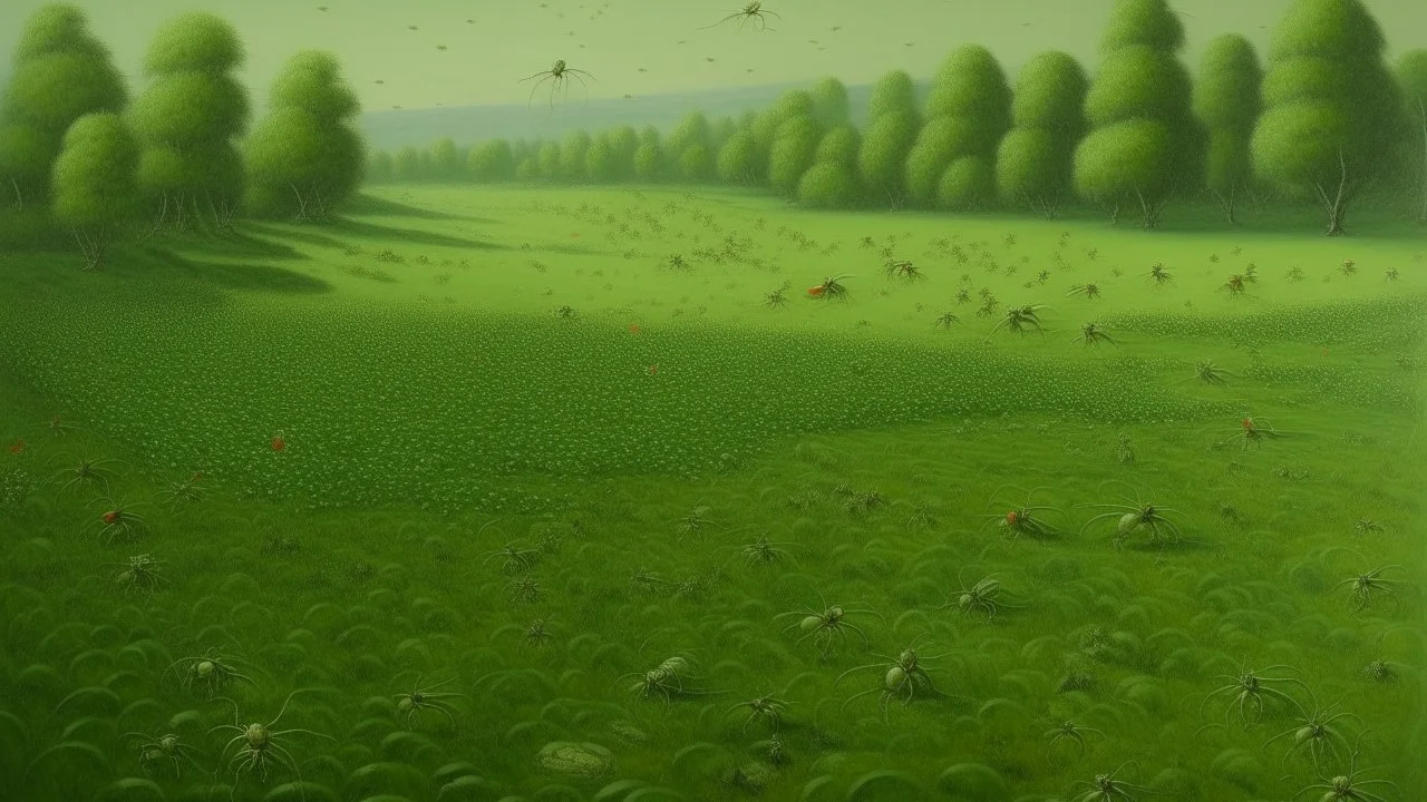 An olive green field with stinky flies painted by Qiu Ying