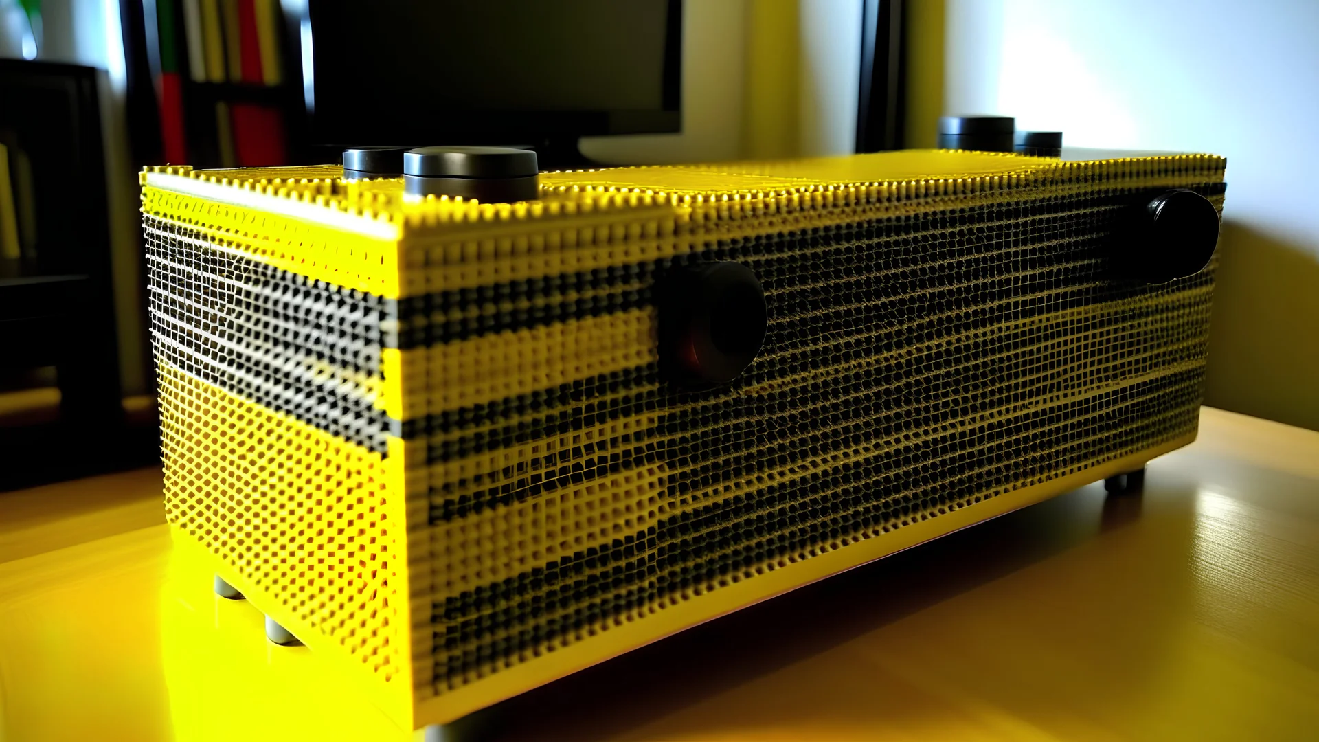 sound bar made of lego bricks, woofers and tweeters. Not very tall, but slightly long
