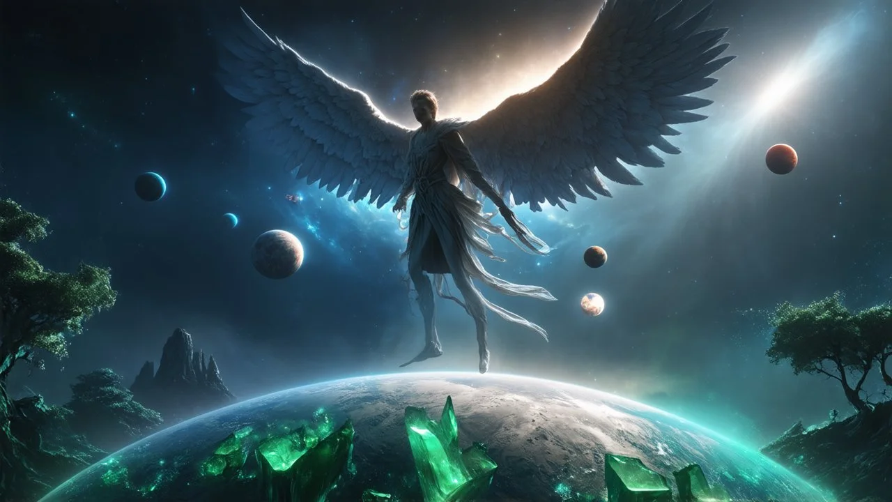 matrix universe, space, planets, god creation, angels from other dimensions with beautiful wings, trees on the planet, behind green crystals of light, few tiberium monolith deposits on the planet near tree,