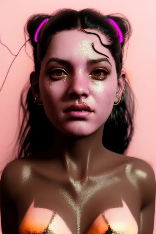 Realistic image, Rosalía artist, portrait, waist up portrait, pink black eye line, sweet, gold and pink geisha style, glow make up, led lights, neon, piercing nose, fog, rain, latex, vibrant color, highly detailed, art stations, concept art, smooth, unreal engine 5, god rays, ray tracing, RTX, lumen lighting, ultra detail, volumetric lighting, 3d, finely drawn, high definition, high resolution.