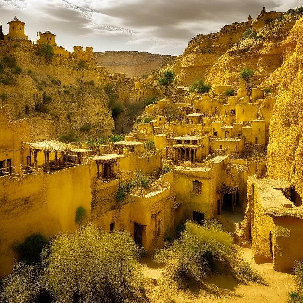 A golden yellow Mayan village near a canyon designed in Mayan architecture painted by Auguste Rodin