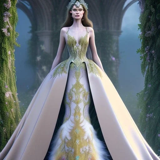 stunning couture gown designed by Marchesa inspired by fairytales, realistic epic fantasy colors, detailed, high quality, intricate, fantasyland background,