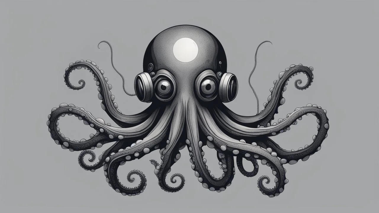 cyborg octopus, duotone illustration, cool, minimal, plain dark grey bg, detailed