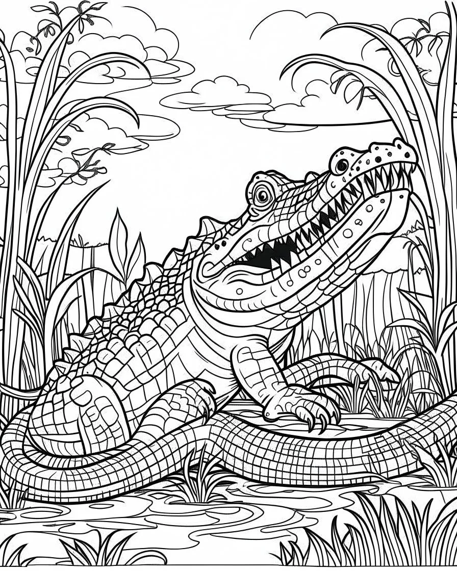 create a 2d black outline, "safari crocodile coloring book for kids ", coloring page, low details design, black contour, coloring page design, simple background, colorful , card style, coloring page for kids, white background, sketch style, cartioon style, safari landscape