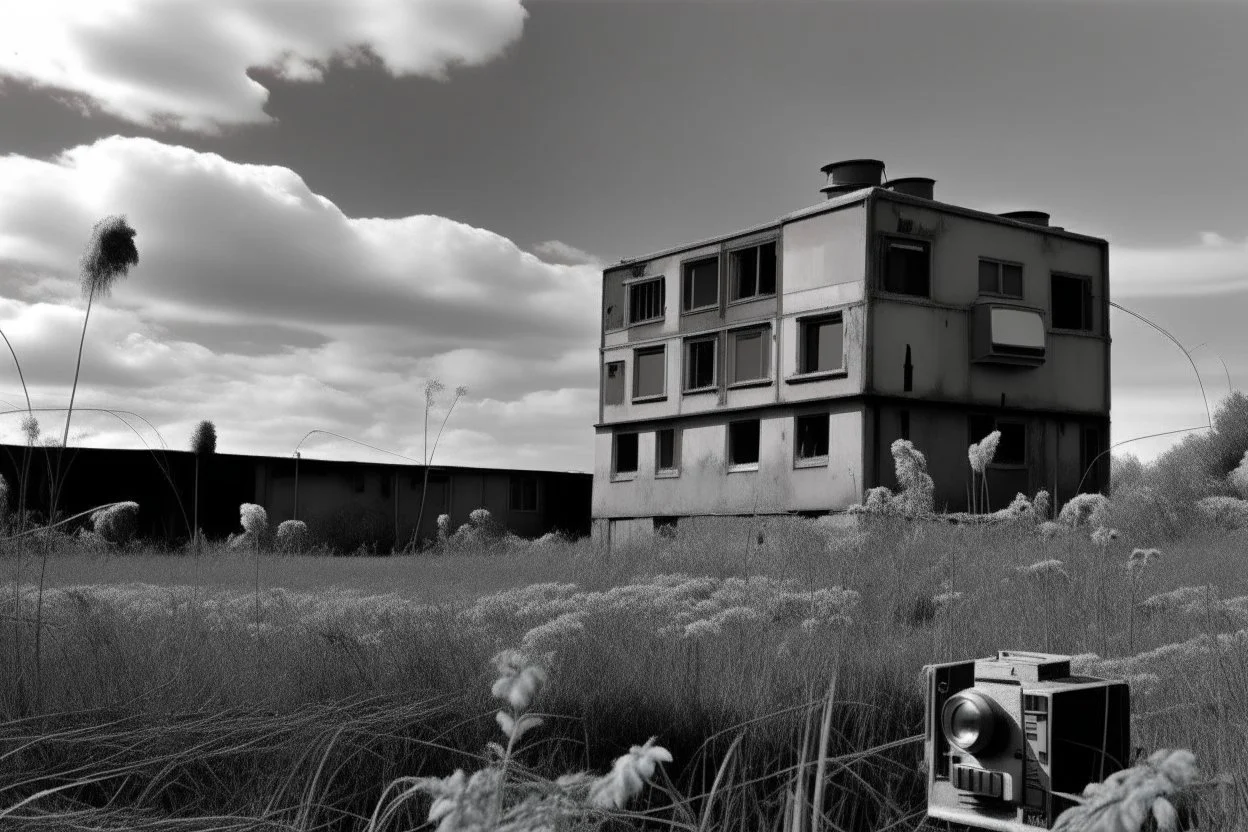 landscape ,Photo with an old analog camera. Black and white. Part of a strange dream. white clouds wide plain The big building between them. like pink floyd pigs land scape from a weird dream captured with the first model of dreamrecorder by gnom industries inc