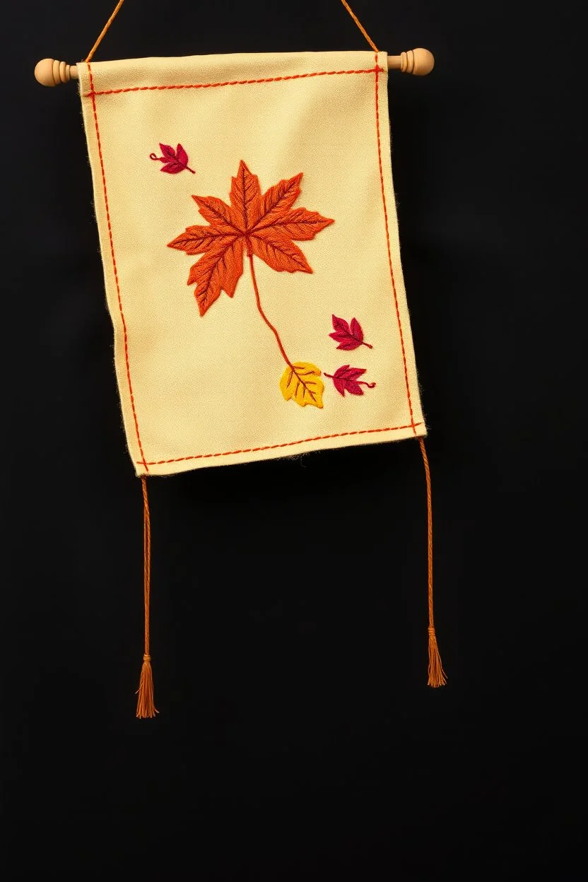 an autumn colored cloth banner hanging with embroidered leaves and slightly downward pointed bottom, on dark background