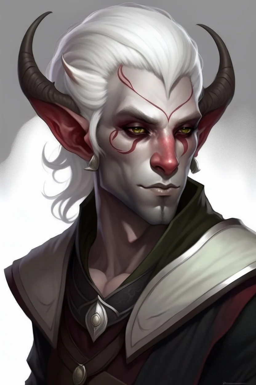 male tiefling blood skin with white hair and white eyes rogue