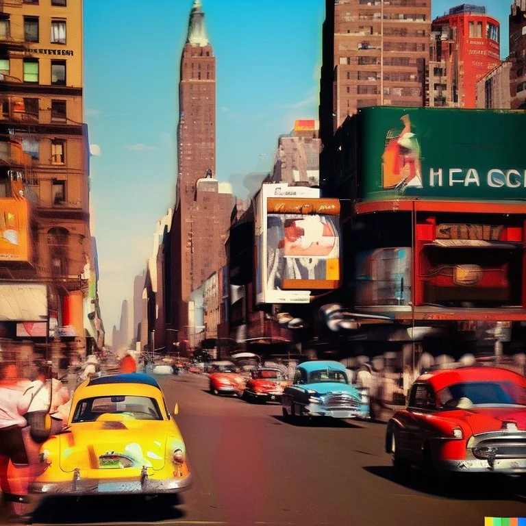 Picture 1950's street life, people, New York, blurry, abstractism, colours, strong texture, 3d, chaotic