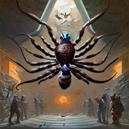 giant spider chasing crowded people under the subway, peter mohrbacher, donato giancola