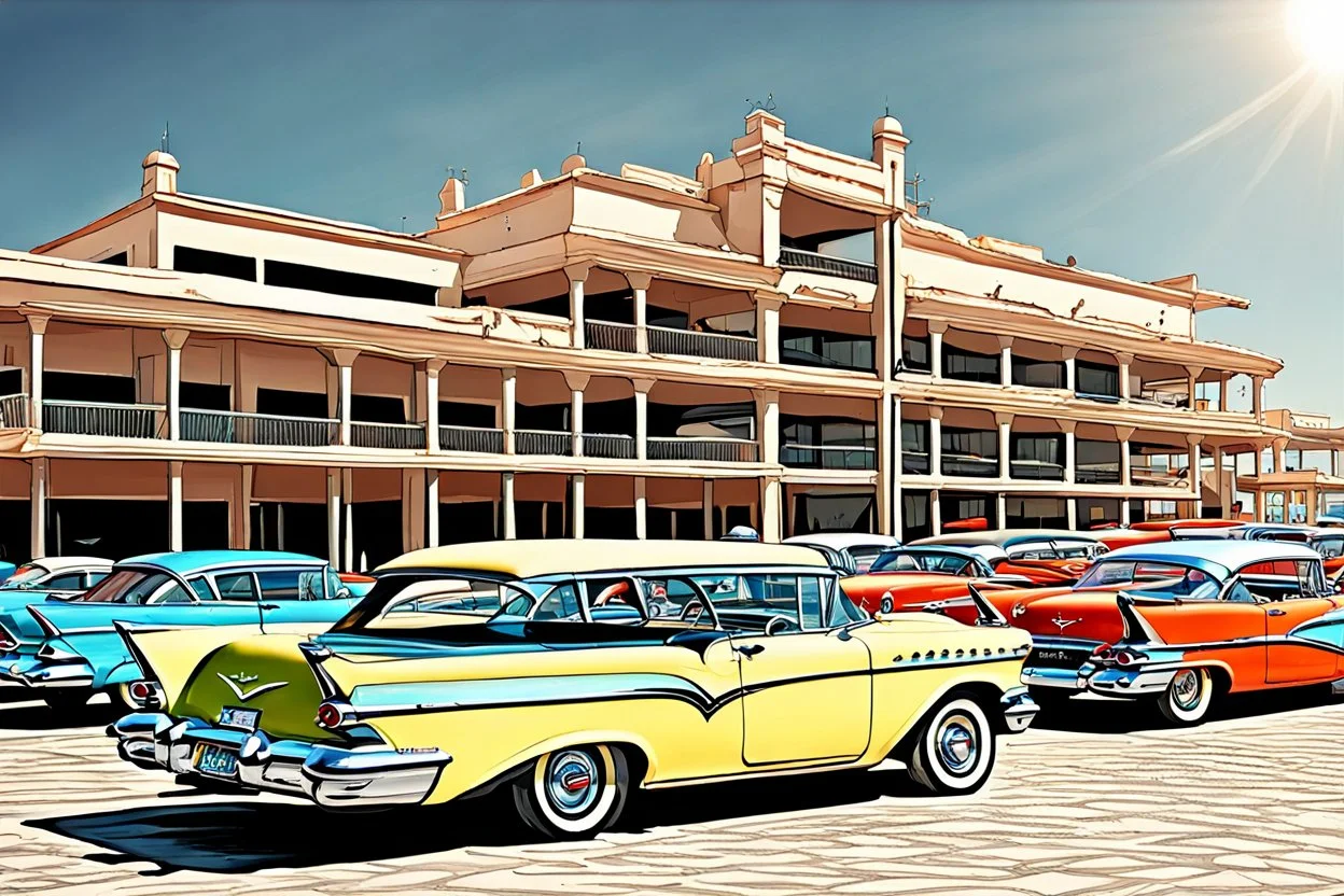 Fotorealistisch Parkplatz an der Promenade von Havanna vollgeparkt mit Chevrolet Impalas von 1959 und 1960, Chevrolet Nomad von 1957, Chevrolet Bel Air von 1954 und 1955, Ford Fairlane, Pontiac Safari, Buick Roadmaster, De Soto Fireflyte, allesamt mehr oder weniger heruntergekommen in prallem Sonnenlicht, im Hintergrund das Meer