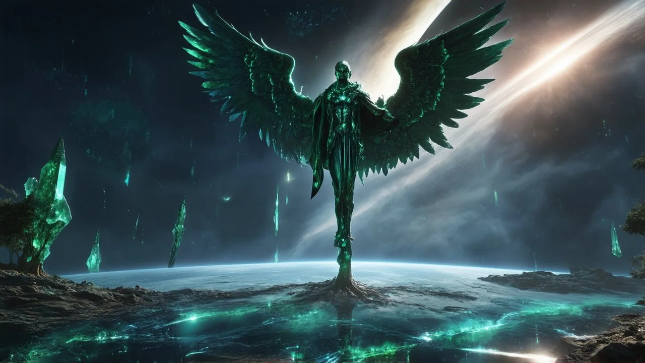 matrix universe, space, planets, god creation, angels from other dimensions with beautiful wings, trees on the planet, behind green crystals of light, command conquer tiberium monolith deposits on the planet near tree,