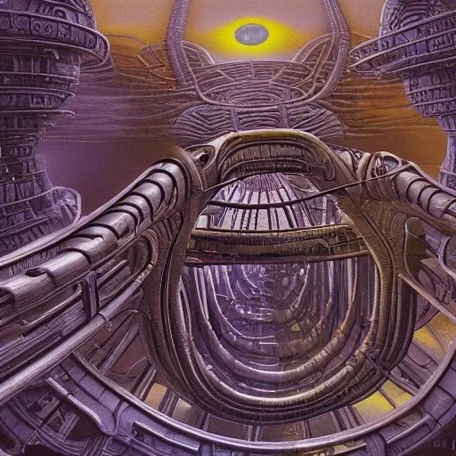 biomorphic alien city with lighting, foto-realistic,TG, 8k, art by HR Giger and M.C. Escher.