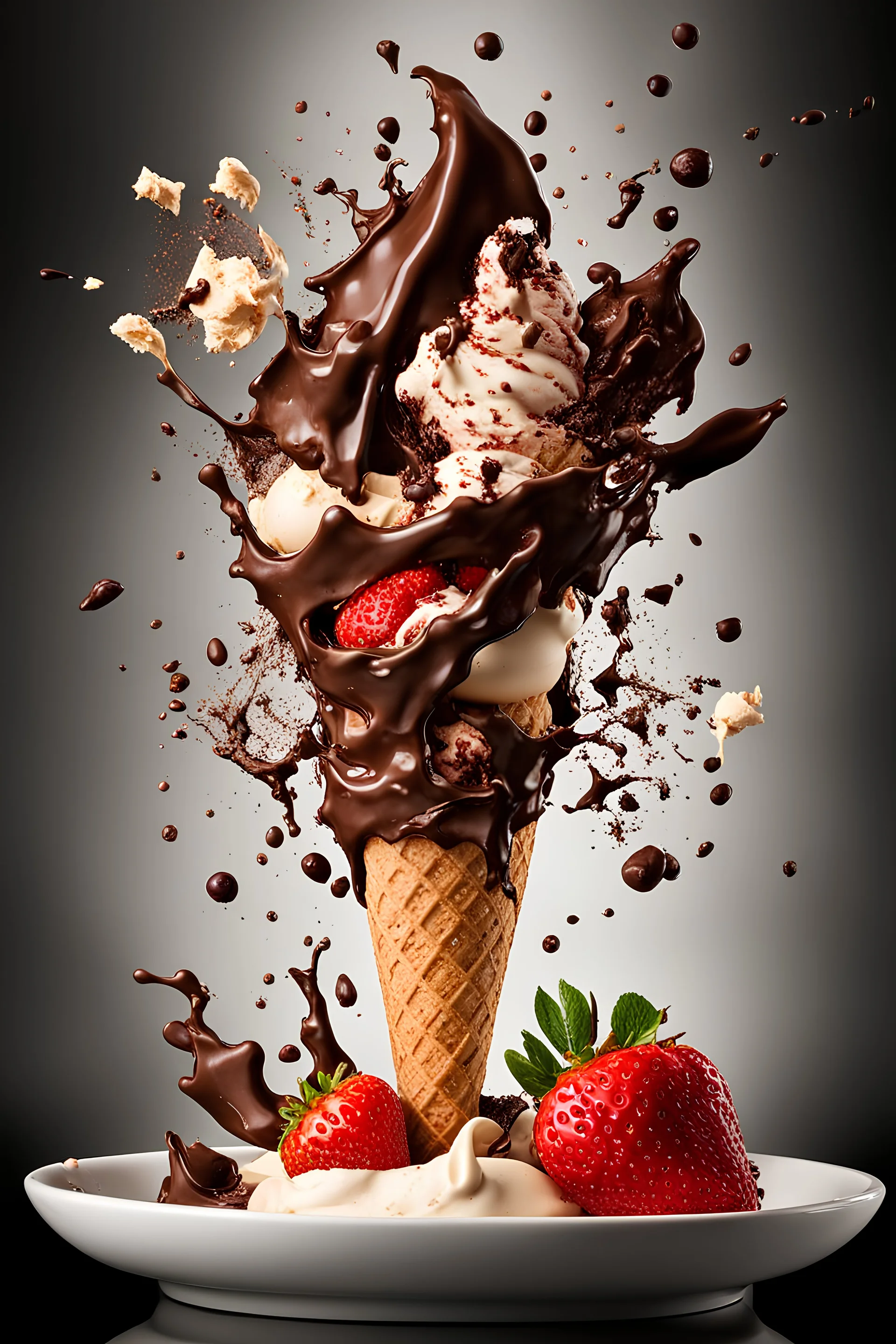 Capture dynamic splashes of food in a flying food photography" with a single wafer cone with three exploding scoops of chocolate, strawberry and vanilla ice-cream as the main subject, showcasing splashes of toppings and sprinkles flying in the air. Utilize high-speed photography for photorealistic surrealism style, with a black background and trending clean minimalist backdrop. Include table with a napkin . Create 3 ad posters with pro-grade color grading, studio lighting, rim lights, layered co