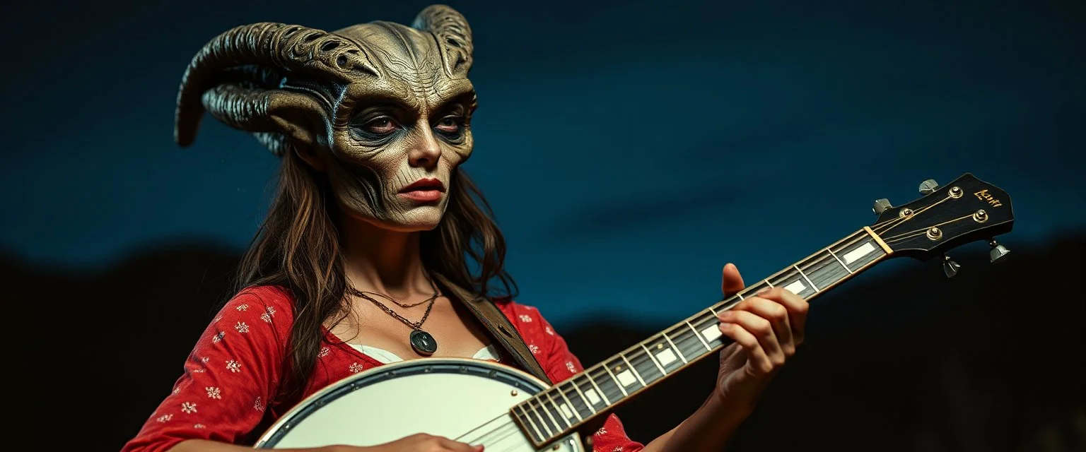 good night alien hill billy boss woman with a banjo In the style of Rembrandt,Background blur. Movie poster. Wild look.