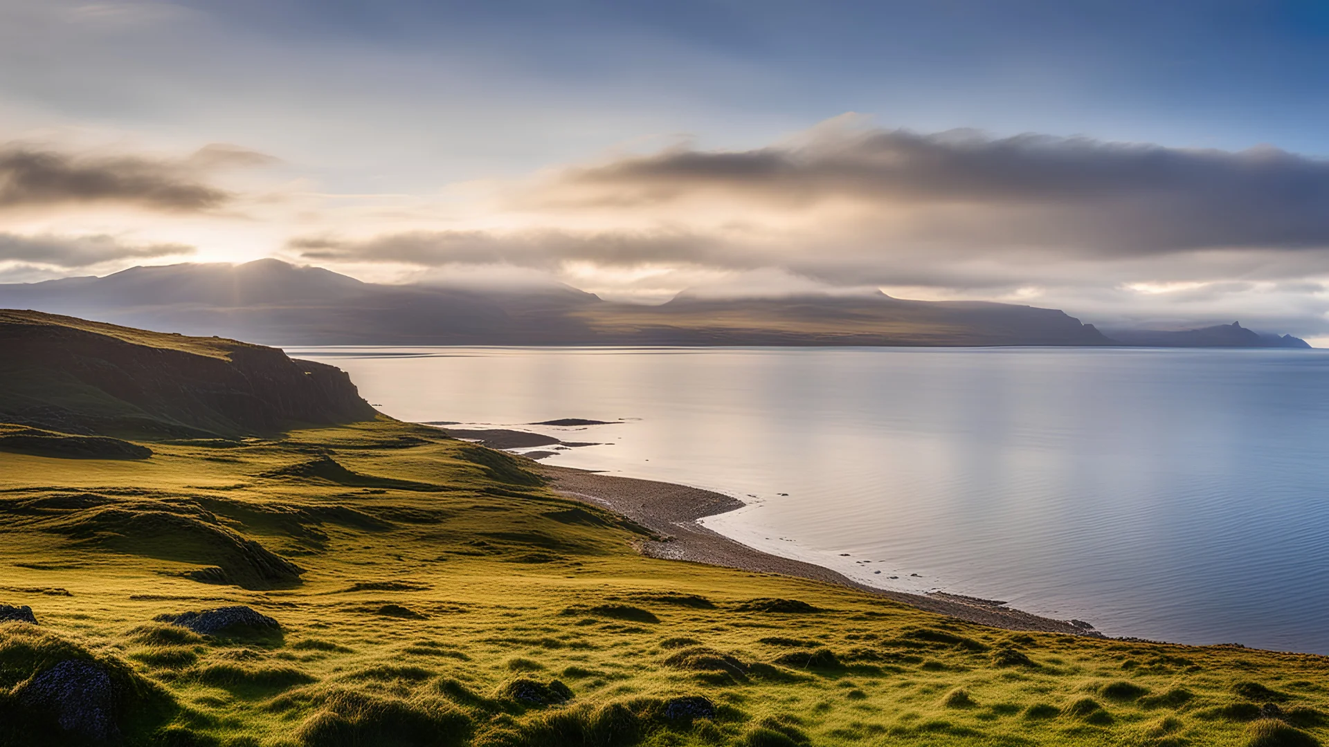 2117. View on the Scottish island of Eigg, with beautiful sky, early morning spring sunshine, traditional croft, coast, sandy beach, sea, Rhum, craggy mountains, croft, calm, peaceful, tranquil, beautiful composition, exquisite detail, 80mm lens, lucid colour, clear air, islands, foreshore