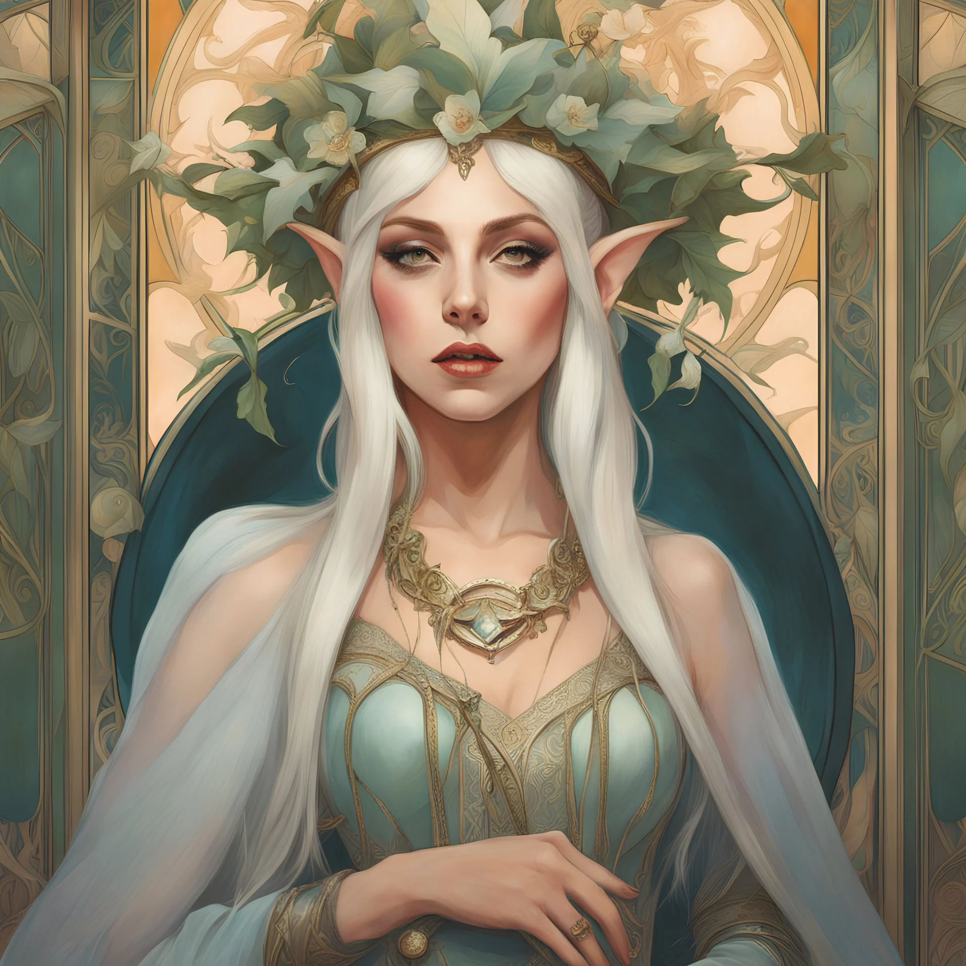 art by Alfons Mucha, Lady Gaga as an elf princess in an elven kingdom, HD 4K