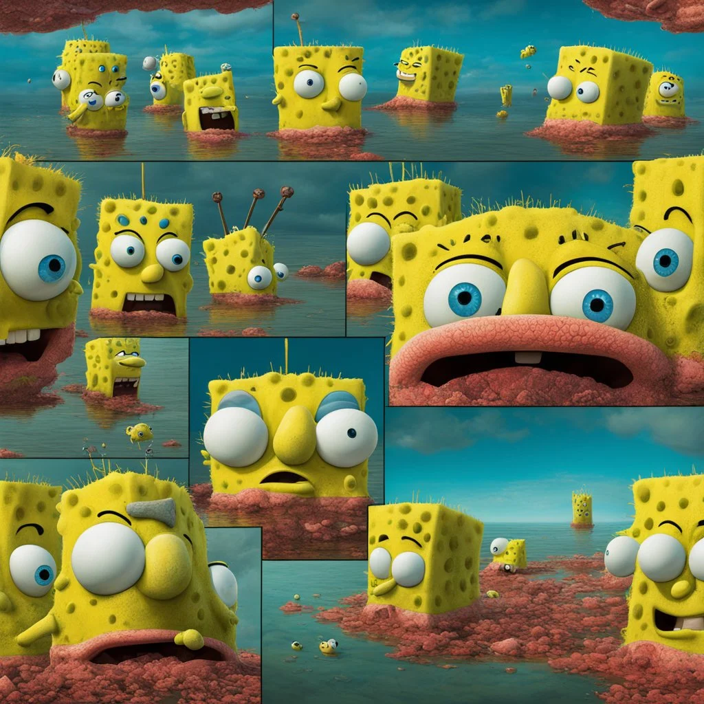 Realistic SpongeBob Squarepants having a bad day, by Dariusz Klimczak, by Zdzislaw Beksinski, photoreal, surreal color photography.