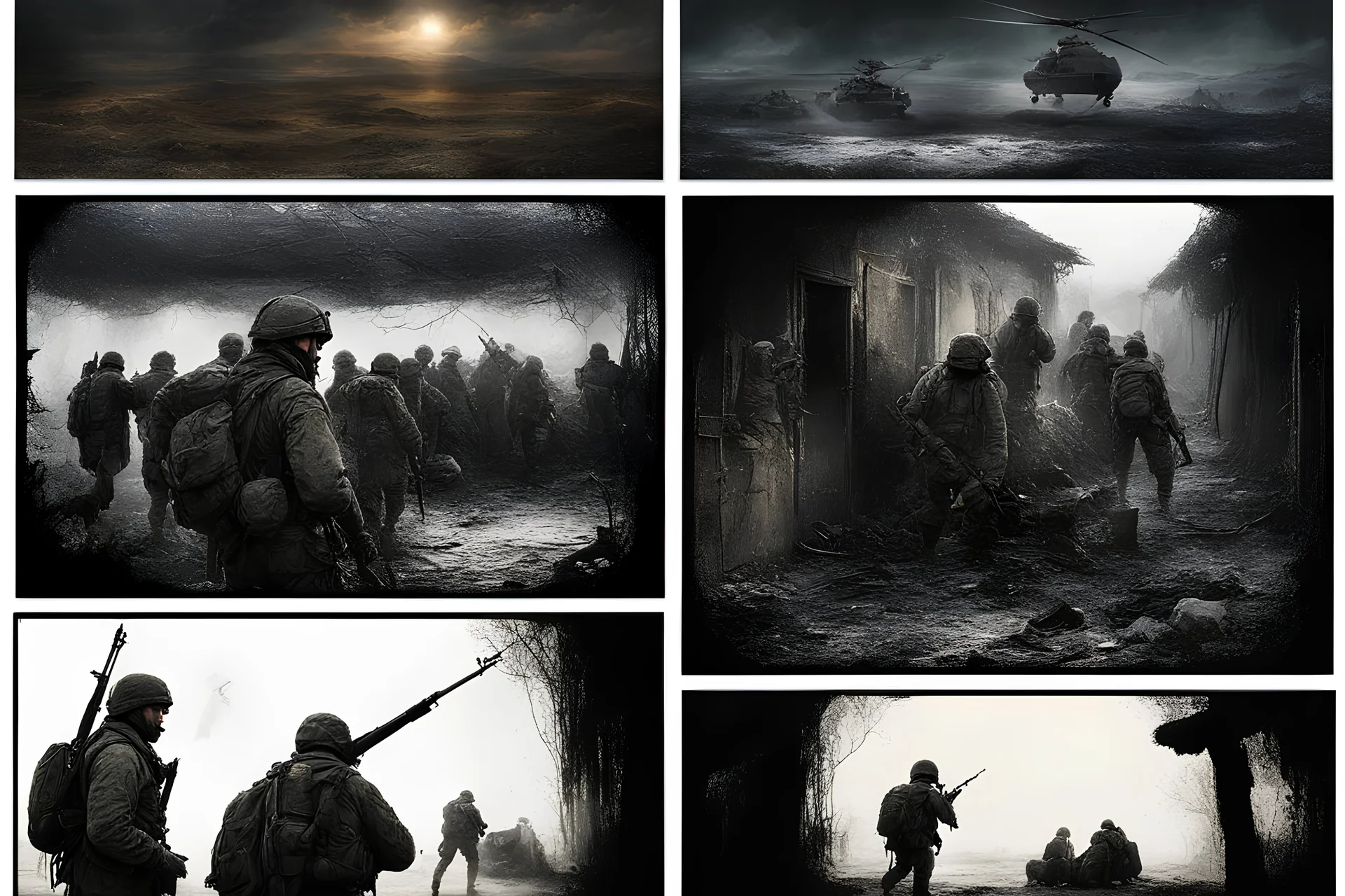Masterpiece1:5)(Fineart), (award-winning:1.5), highest quality, (ultra realism:1.5) digital painting (by Alex Howitt, Bess Hamiti, Guy Aroch:1.8)),(Eastern Ukraine:(panel one:the moment after a battle ends, horrors of war, wounded men),(2nd panel, cinematic shot of men sitting in trench with 1000 yard stare (focus on their eyes:1.5)),(the third panel shows troops tired but hyper alert), (the fourth panel shows the sky is filled with incessant, fire and smoke everywhere,)