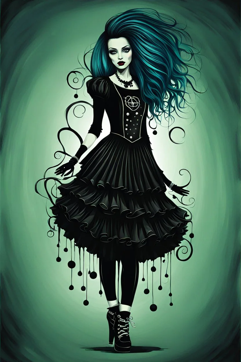 Create a whimsical and surreal dancing goth punk girl in the vector graphic style of Nirak1