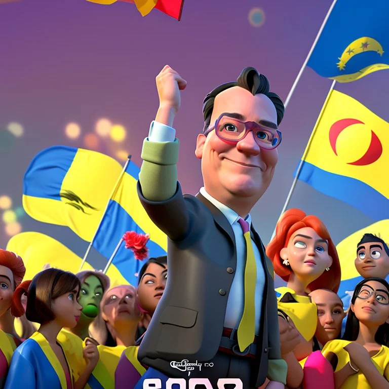 Create a Pixar-style 3D movie poster with Gustavo Petro, president of Colombia happy and surrounded by women, men and Colombian flags, with the title: "The President", ultra quality, hyper-detailed, maximalist, 8k