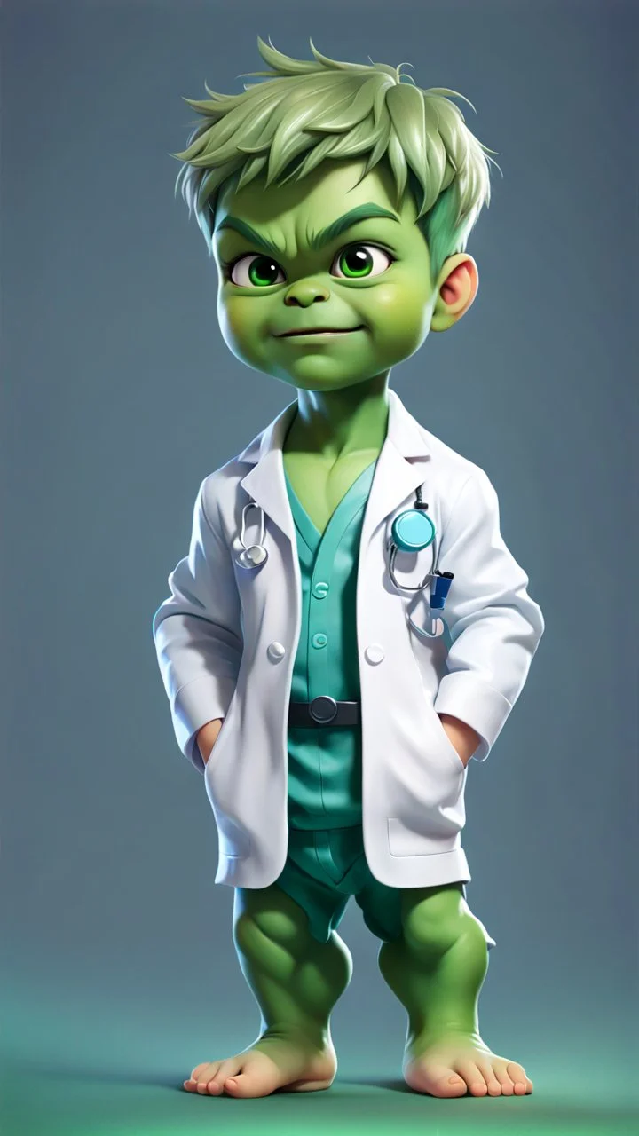 Lovely little baby hulk, full body portrait of cute little chibi boy looking at the camera realistically, dressed as a doctor, bright colors make octane popular on artstation, solid color background wall, lovely, cute, 3D rendering, cute pixar, inspired by Do cheung, blonde boy, andrew dixon, realistic, 3d, anime style, well shaded, smooth, pixar.