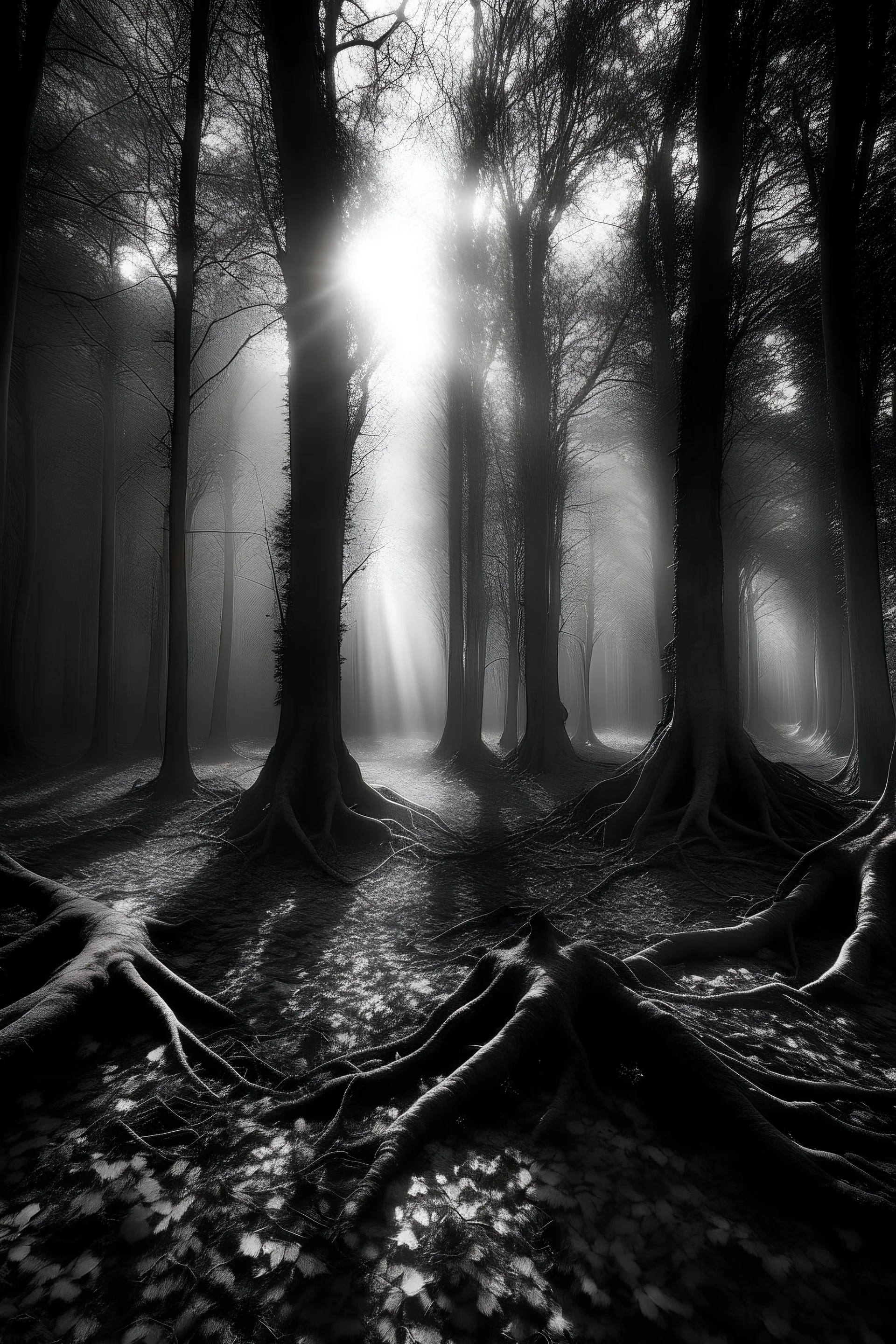 Visualize a captivating black and white photograph capturing the essence of a forest with eight magnificent trees. Each tree stands tall and proud, surrounded by a halo of fallen leaves blanketing the ground around its base. Thick, sinuous roots extend outward from the trunks, creating a mesmerizing pattern that winds and twists around each tree like intricate lace. The interplay of light and shadow adds depth to the scene, as sunlight filters through the dense canopy above, casting dappled patt