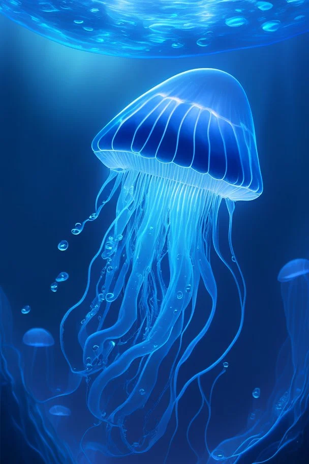 Cartoon Electric blue jelly fish swimming in the deep blue ocean making it glow up, 4k, HDR, concept art, highly detailed, soft lighting, artstation, award winning, art by Rene Magritte and George Luks and Adam Miller and Tom Bagshaw