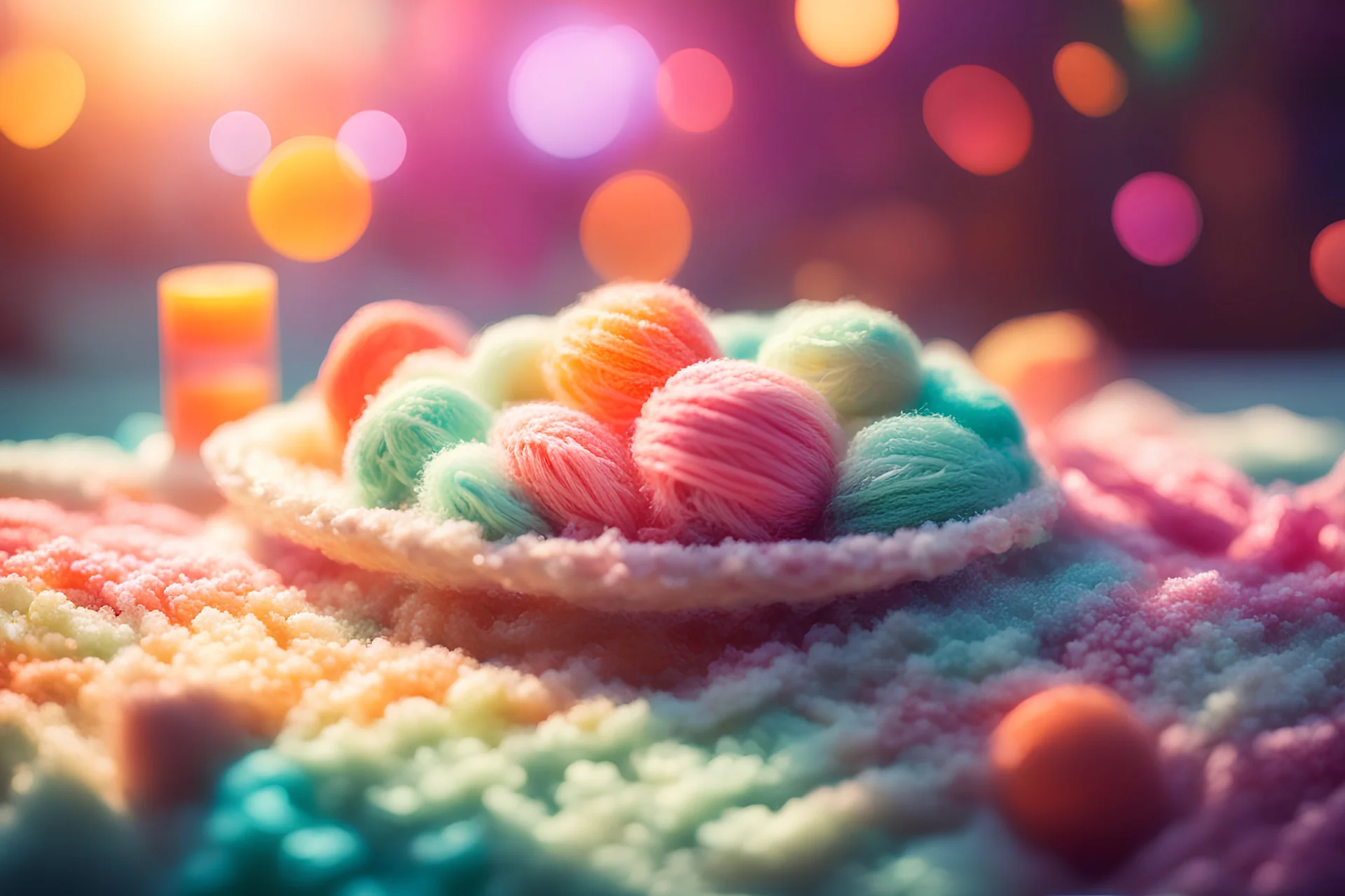 knitted dream, food, neon colors in sunshine, ethereal, cinematic postprocessing, bokeh, dof