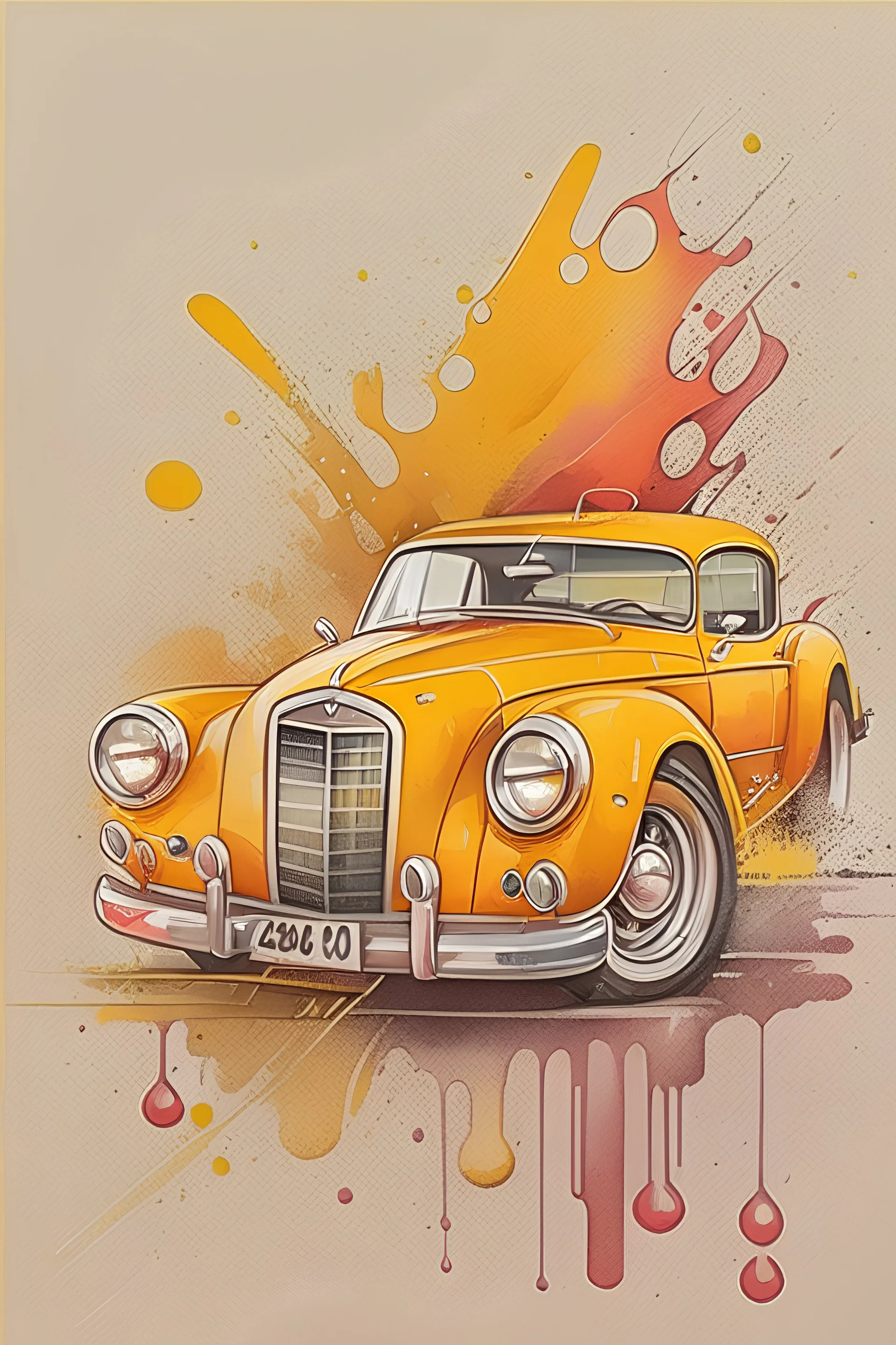 watercolor, zoom, clear, soft, a yellow vintage car, with red interior, graffiti elements, powerful zen composition, dripping technique, & the artist has used bright, clean elegant, with blunt brown border, 4k, detailed –n 9, ink flourishes, liquid fire, white background, zoom in, close-up,